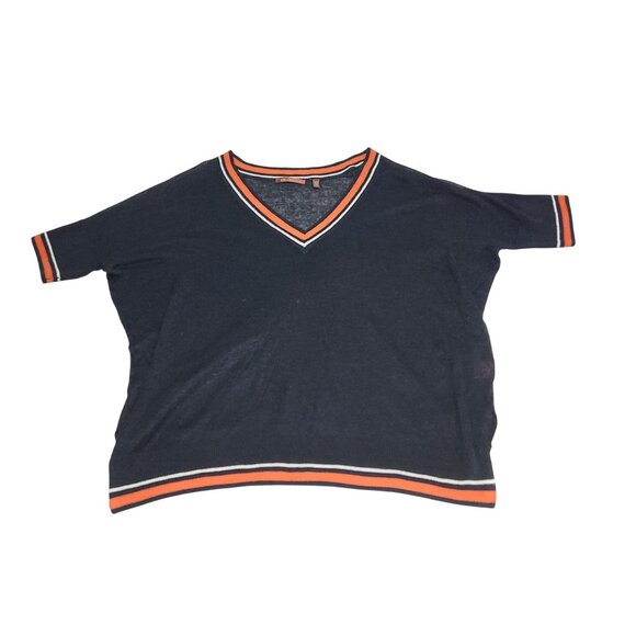 525 America Navy V-Neck SweaterStriped Trim XS/S Womens Linen/Viscose 2382 - Picture 3 of 8